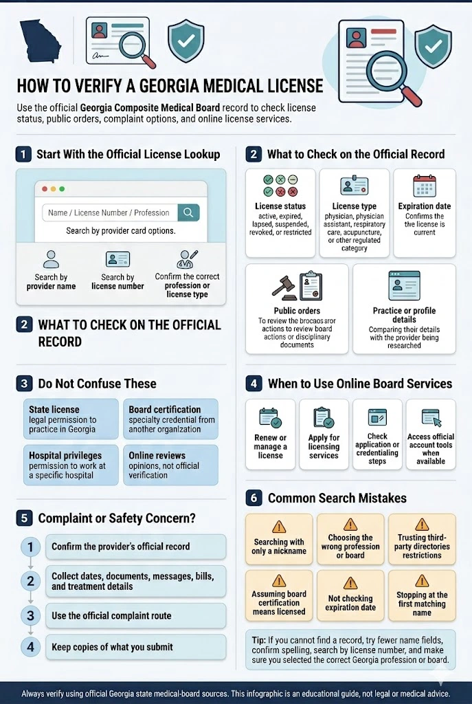 Georgia Composite Medical Board license lookup and verification infographic for checking a Georgia medical license