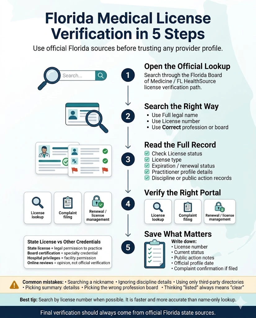 Step-by-step Florida medical license verification infographic showing official lookup, profile review, discipline search, and next actions