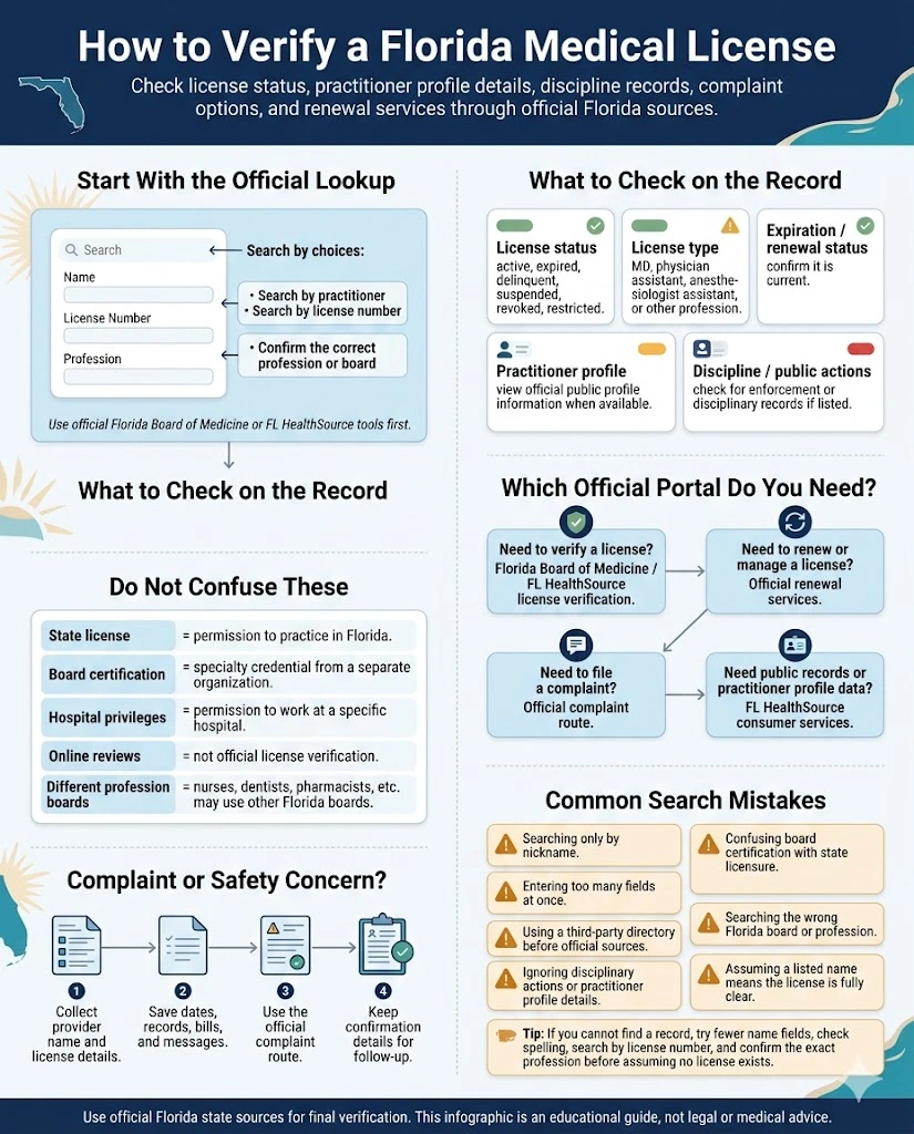 Florida medical board verification infographic for official license lookup, practitioner profile search, complaints, and renewal services