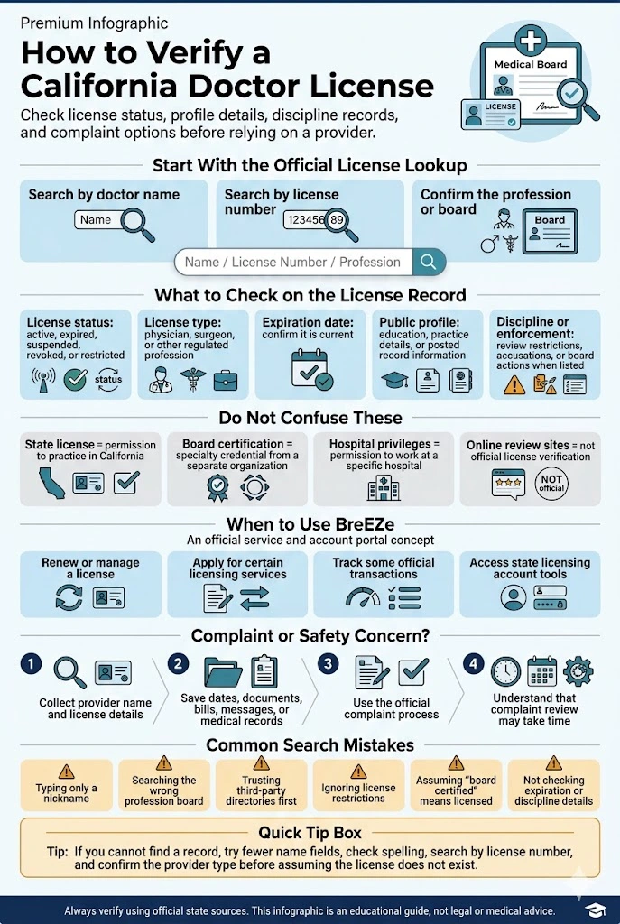 Medical Board of California license lookup and verification infographic for checking a California doctor license