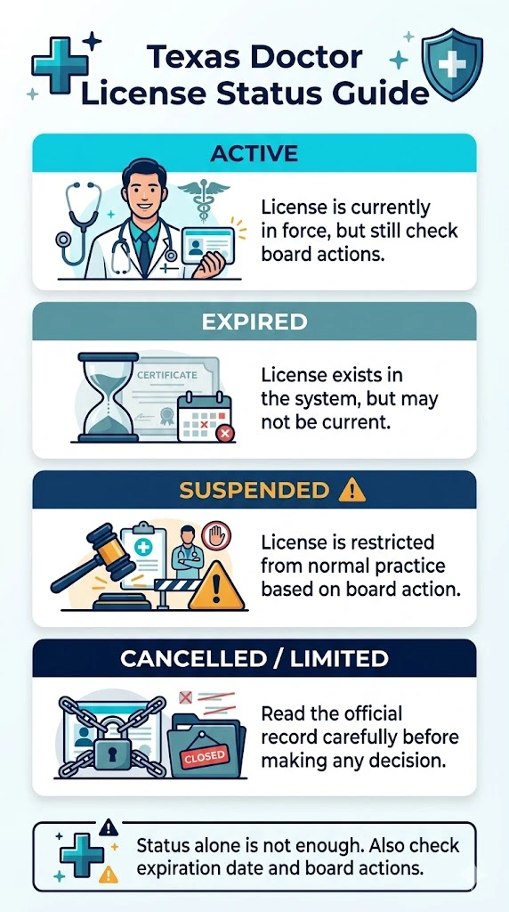Infographic showing how to verify a Texas doctor license by opening the official TMB lookup, searching by name or license number, checking status and reviewing board actions