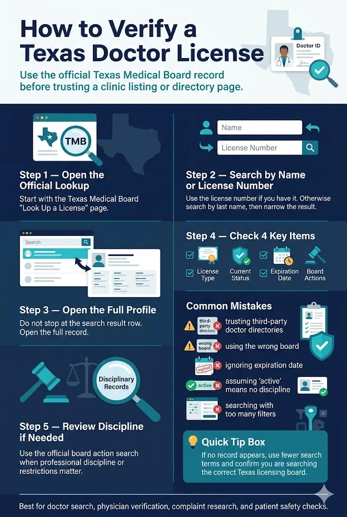 Texas doctor license status guide explaining active, expired, suspended and board action review for Texas Medical Board verification