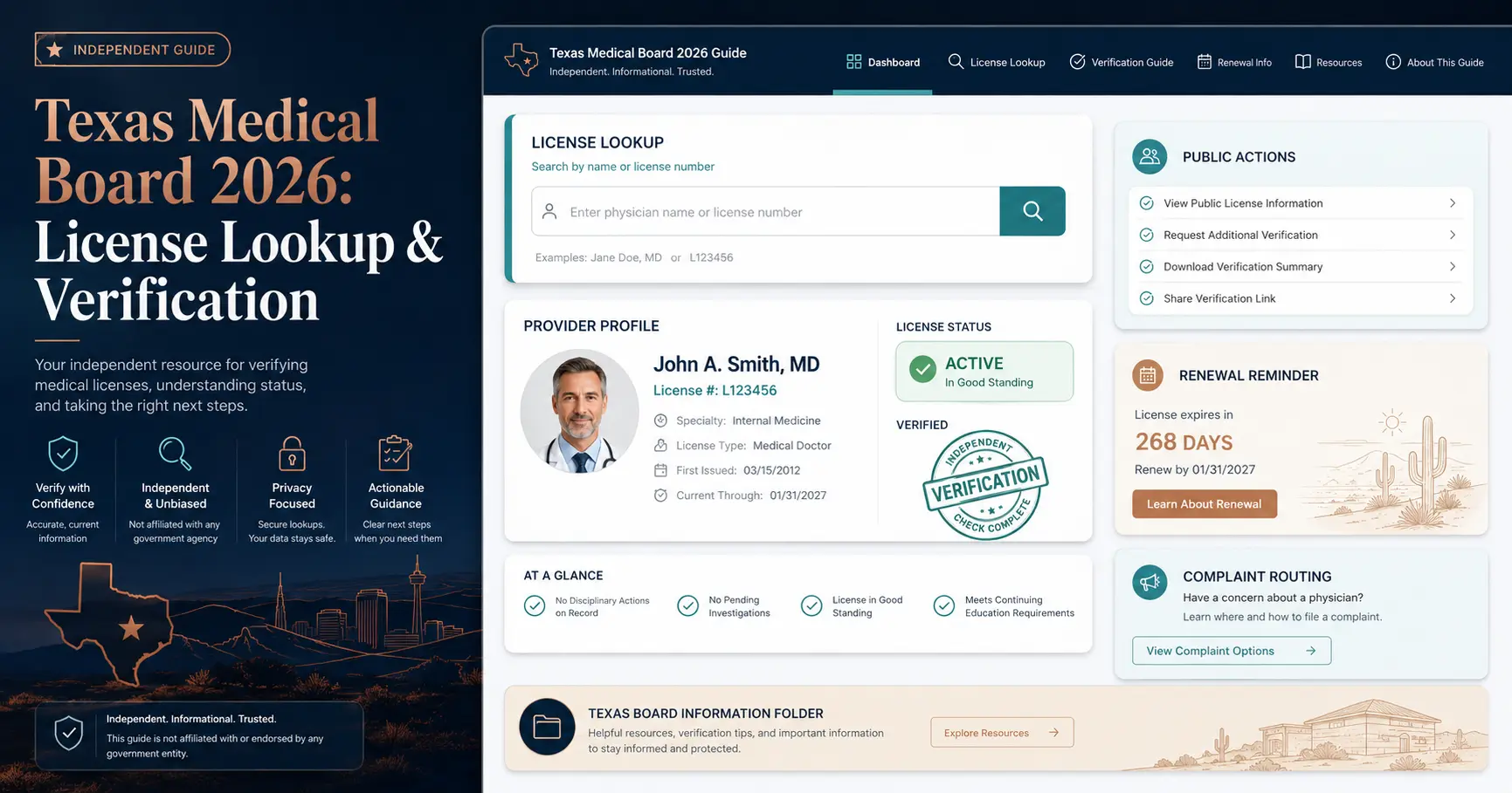 Independent Texas Medical Board license lookup and verification dashboard graphic for Texas medical board guide