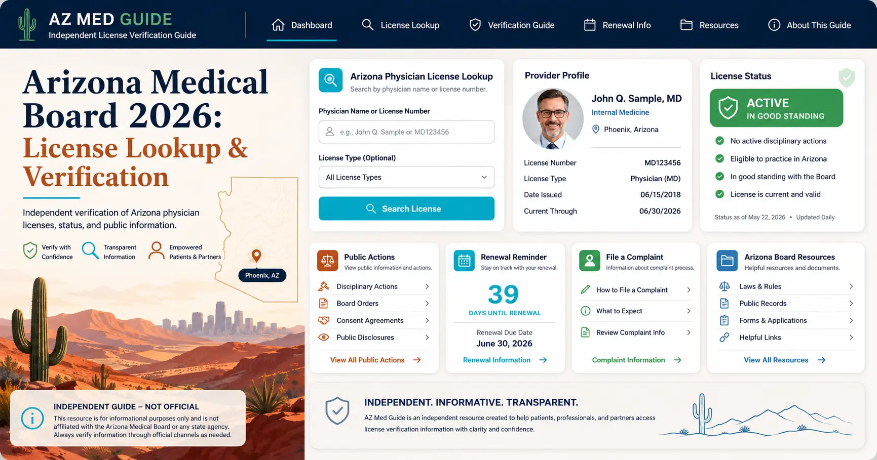 Independent Arizona Medical Board license verification dashboard graphic for Arizona medical license lookup and physician verification