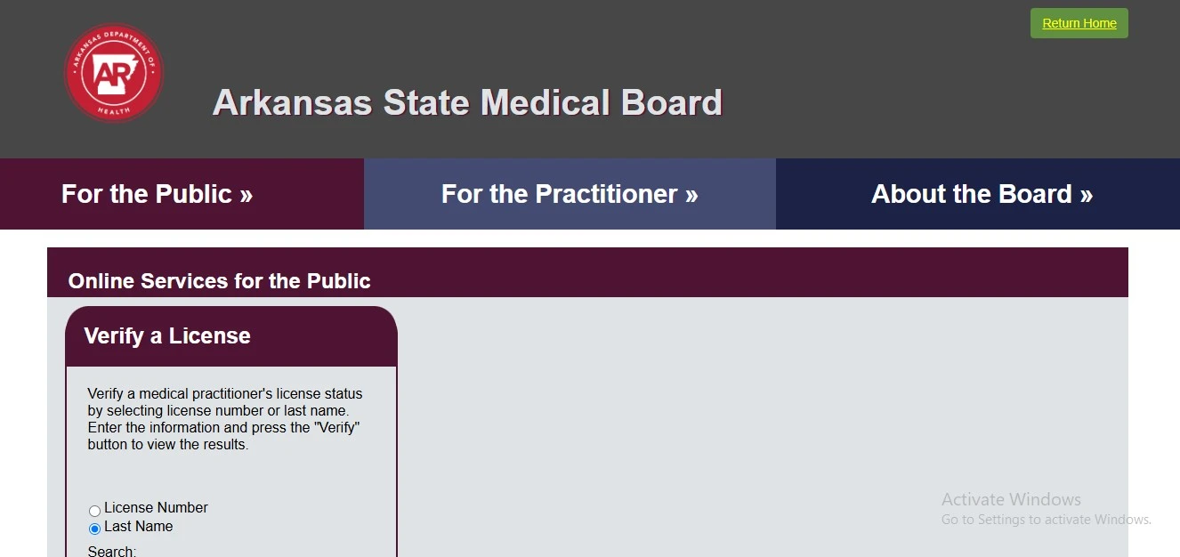 Official Arkansas State Medical Board license lookup website preview for Arkansas medical license verification