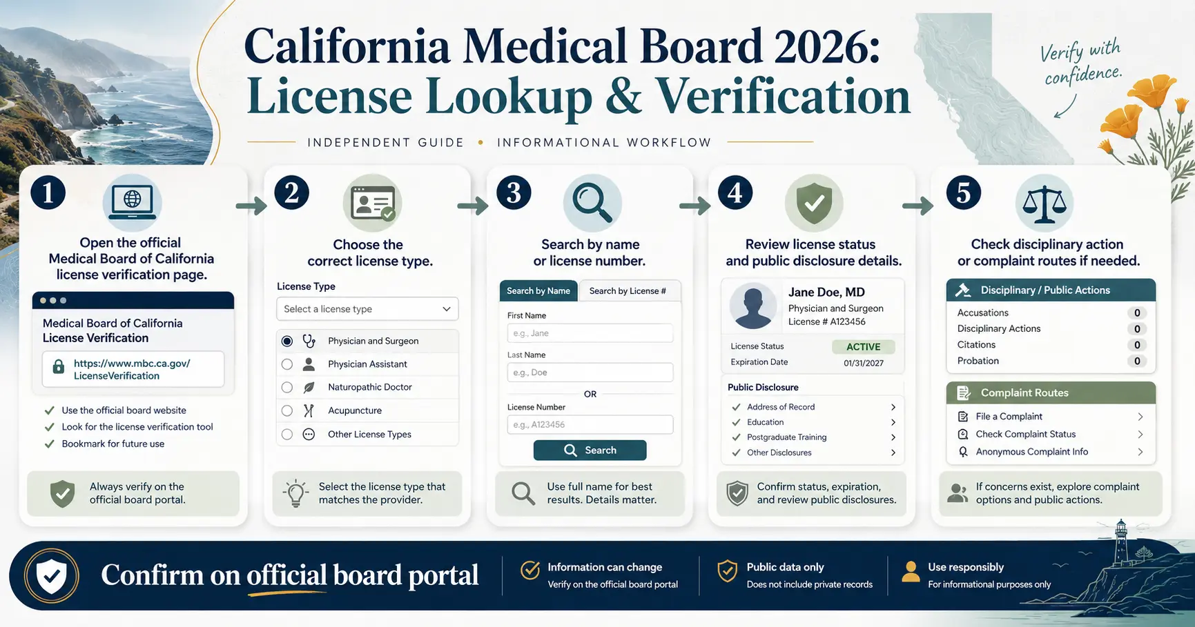 California Medical Board license lookup workflow infographic showing verification, profile review and disciplinary action check steps