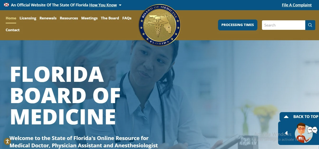 Official Florida Board of Medicine license lookup website preview for Florida medical board verification