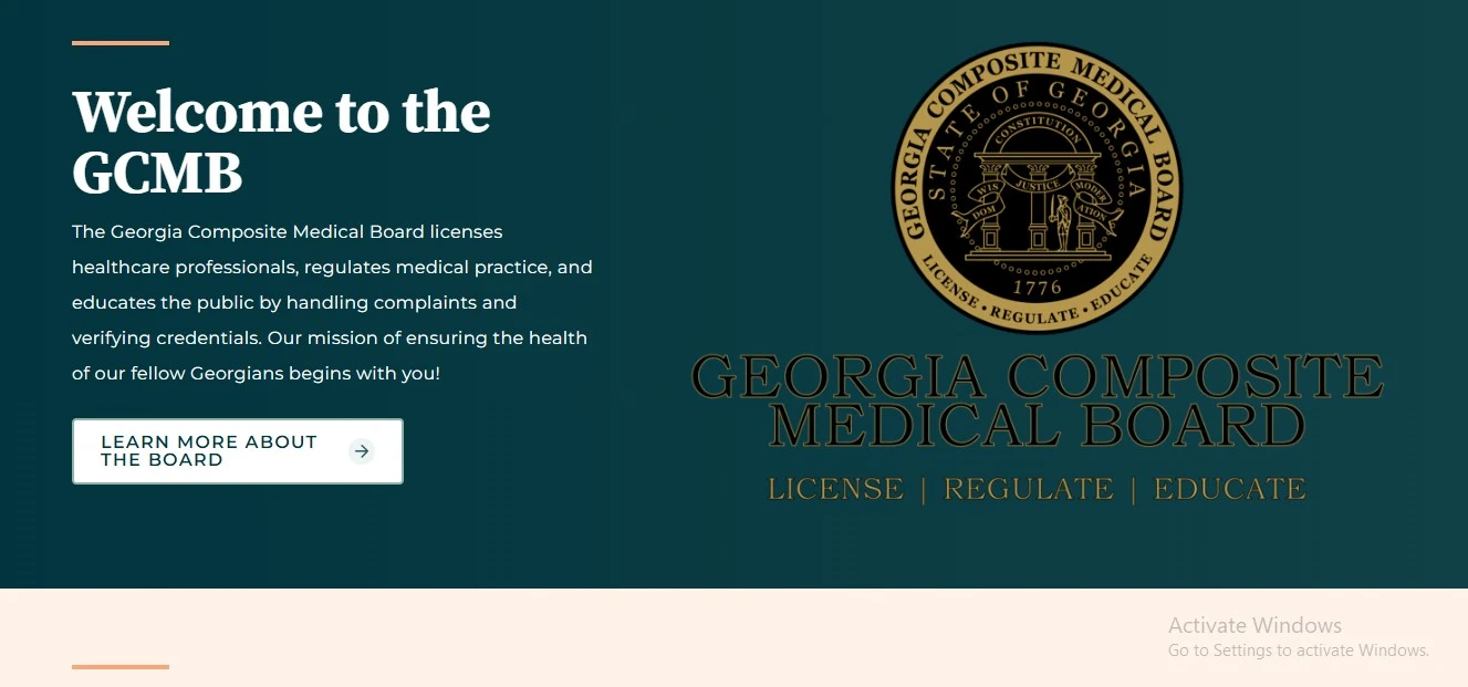Official Georgia Composite Medical Board license lookup website preview for Georgia medical board verification