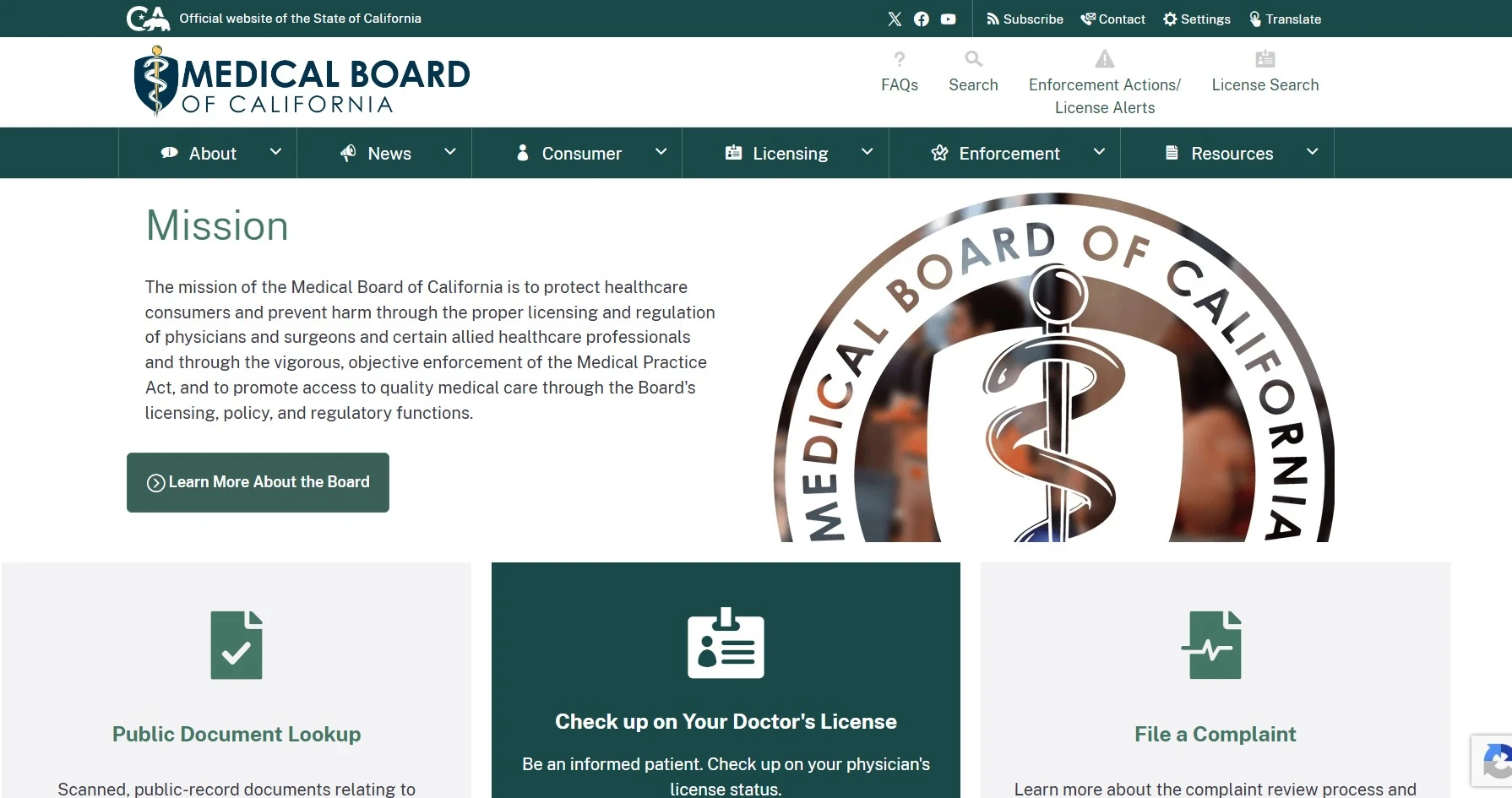 Official Medical Board of California license lookup website preview for medical board of California verification