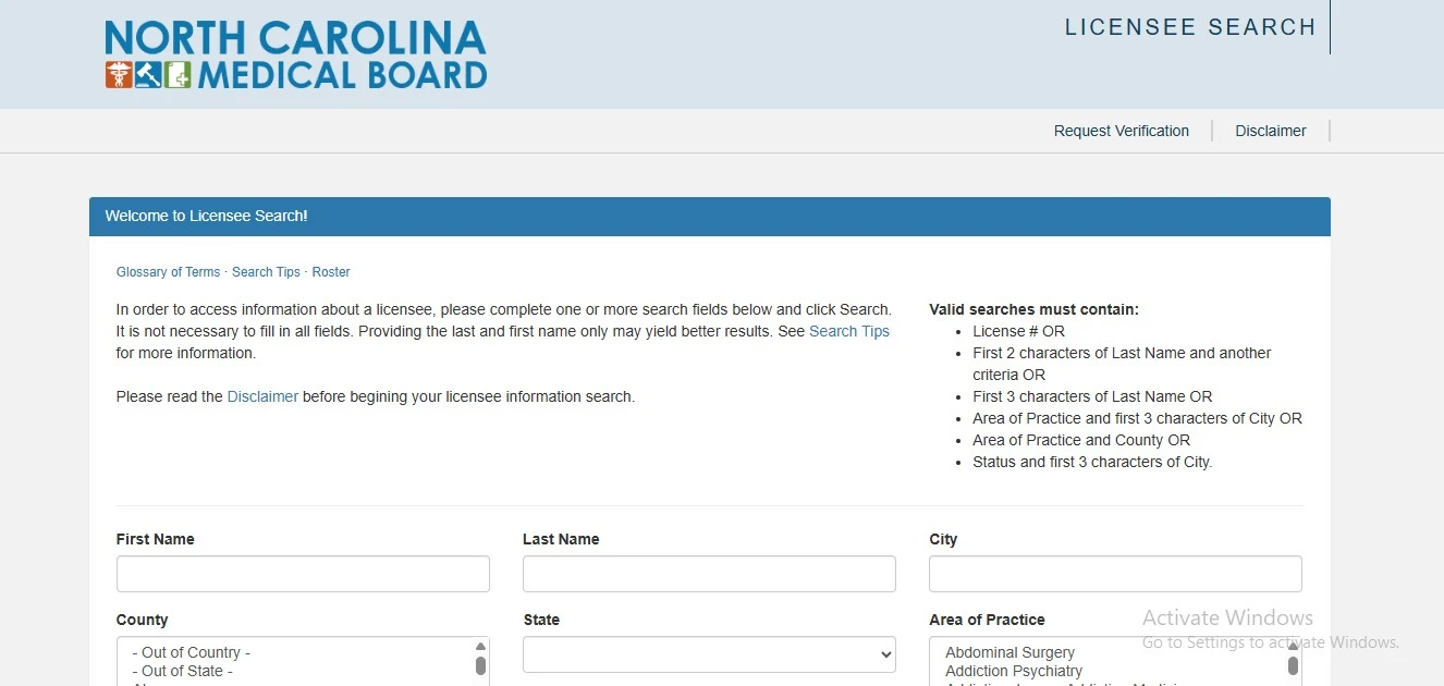 Official North Carolina Medical Board license lookup website preview for nc medical board verification