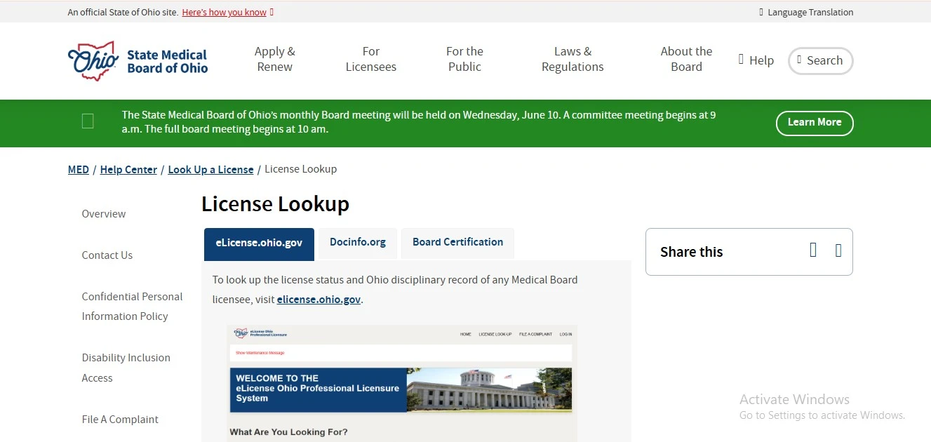 Official Ohio Medical Board license lookup website preview for ohio medical board license lookup verification