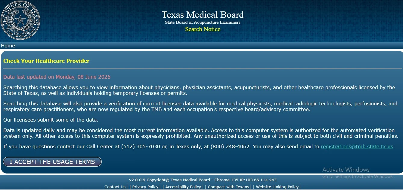 Official Texas Medical Board license lookup website preview for Texas medical board verification